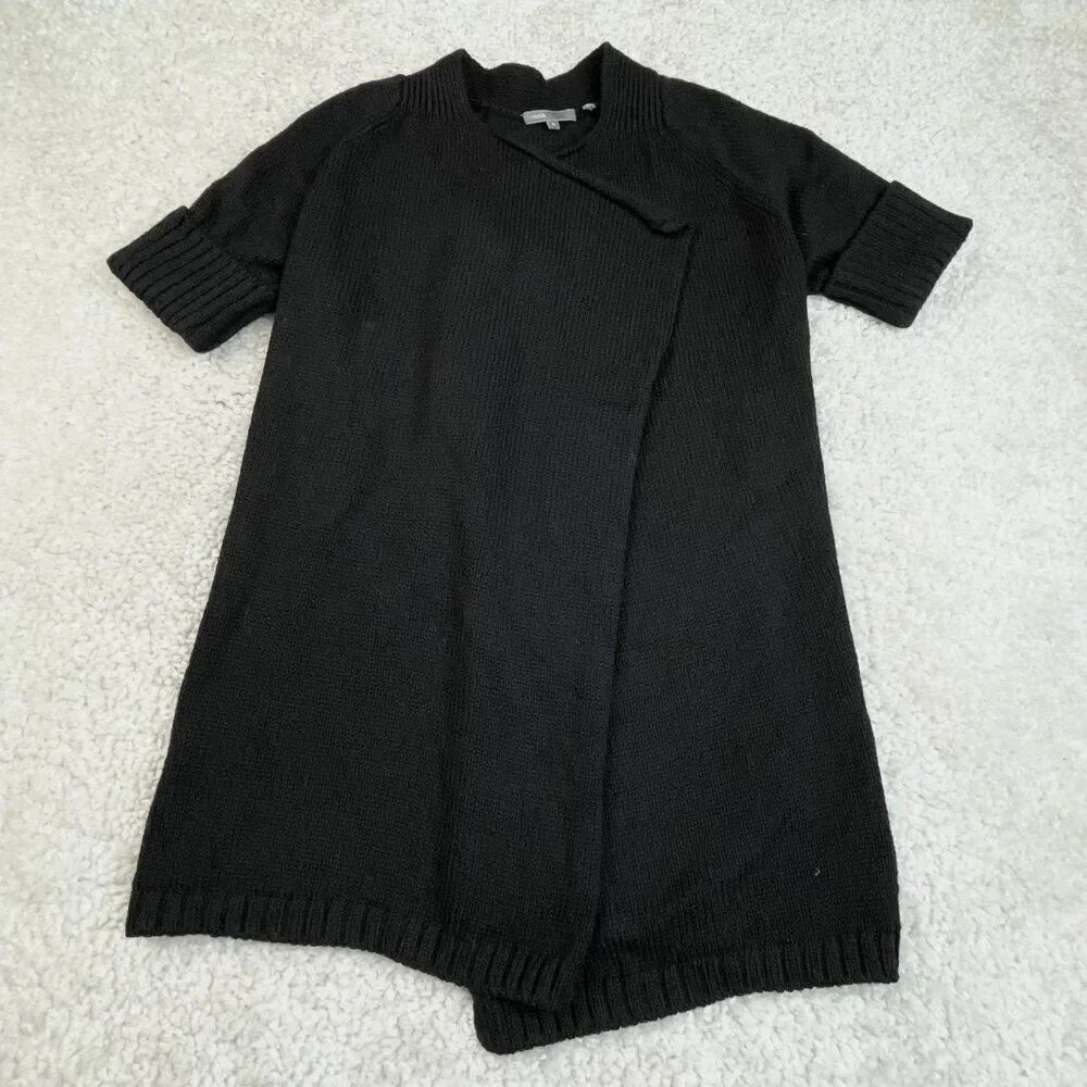 Vince Short Sleeve Open Drape Cardigan Wool Sweater Black